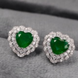14k Gold 2.07 Ctw Vivid Green Natural Emerald & Diamond Earrings