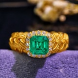 14k Gold 1.00 Ct Vivid Green Natural Emerald & Diamond & Art Deco Ring