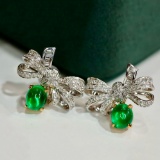 14k White Gold 1.21 Ctw Natural Emerald & Diamond Earrings