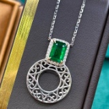 14k White Gold 1.10 Ctw Natural Emerald & Diamond Pendant
