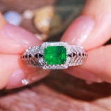 14k White Gold 1.00 Ctw Natural Emerald & Diamond Ring