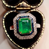 14k White Gold 2.74 Ctw Natural Emerald & Diamond & Art Deco Ring