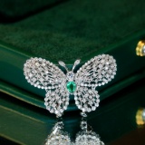 14k Gold 0.90 Ctw Vivid Green Natural Emerald & Diamond & Butterfly Brooch/pendant