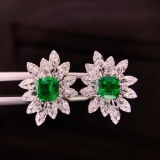 14k Gold 1.83 Ctw Vivid Green Natural Emerald & Diamond Earrings