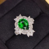14k Gold 3.52 Ctw Vivid Green Natural Tsavorite & Diamond Ring