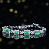 14k Gold 2.24 Ctw Vivid Green Natural Emerald & Diamond Bracelet