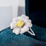 14k Gold 2.12 Ctw Natural Yellow Diamond & Diamond & Flowers Ring/pendant