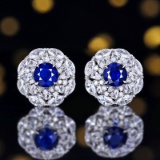 14k Gold 1.86 Ctw Vivid Blue Natural Sapphire & Diamond Earrings