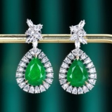 14k Gold 3.82 Ctw Vivid Green Natural Emerald & Diamond Earrings