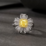 14k Gold 1.49 Ctw Natural Yellow Diamond & Diamond & Flowers Ring