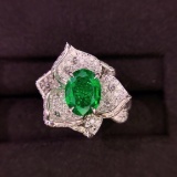14k Gold 2.57 Ctw Vivid Green Natural Emerald & Diamond & Flowers Ring