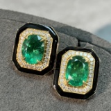 14k Gold 2.83 Ctw Vivid Green Natural Emerald & Diamond Earrings