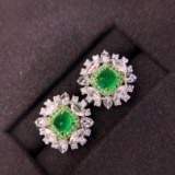 14k Gold 2.70 Ctw Vivid Green Natural Emerald & Diamond Earrings