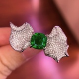 14k Gold 3.74 Ctw Vivid Green Natural Emerald & Diamond Ring