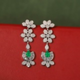 14k Gold 0.92 Ctw Vivid Green Natural Emerald & Diamond Earrings