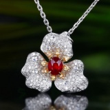 14k Gold 1.13 Ctw Natural Ruby & Diamond & Flowers Pendant