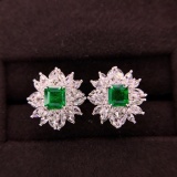 14k Gold 2.35 Ctw Vivid Green Natural Emerald & Diamond Earrings
