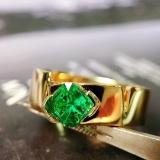 14k Gold 0.62 Ct Vivid Green Natural Emerald & Solitaire Ring