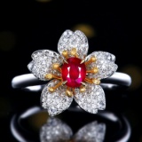 14k Gold 0.95 Ctw Vivid Red Natural Ruby & Diamond & Flowers Ring