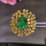 14k Gold 4.20 Ctw Vivid Green Natural Emerald & Sapphire Ring