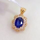 14k Gold 1.5 Ct Vivid Blue Natural Sapphire & Diamond Pendant