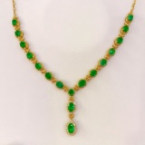 14k Gold 11.89 Ct Vivid Green Natural Emerald & Diamond Necklace