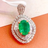 14k Gold 2 Ct Vivid Green Natural Emerald & Diamond Pendant