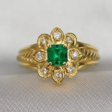 14k Gold 0.63 Ctw Vivid Green Natural Emerald & Diamond Ring