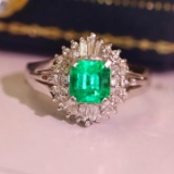 14k Gold 1.04 Ctw Vivid Green Natural Emerald & Diamond Ring
