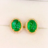 14k Gold 4.6 Ct Vivid Green Natural Emerald & Diamond Earrings