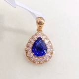 14k Gold 1.56 Ct Vivid Blue Natural Sapphire & Diamond Pendant