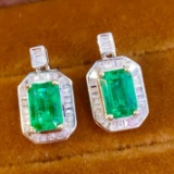 14k Gold 1.86 Ct Vivid Green Natural Emerald & Diamond Earrings