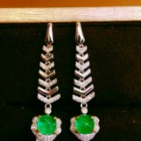 14k Gold 2.00 Ct Vivid Green Natural Emerald & Diamond Earrings