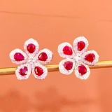14k Gold 3.5 Ct Vivid Red Natural Ruby & Diamond & Flowers Earrings