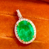 14k Gold 3.8 Ct Vivid Green Natural Emerald & Diamond Pendant