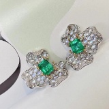 14k Gold 2.15 Ct Vivid Green Natural Emerald & Diamond & Moonstone & Flowers Earrings