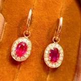 14k Gold 2 Ct Vivid Red Natural Ruby & Diamond Earrings
