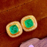 14k Gold 1.50 Ct Vivid Green Natural Emerald & Diamond Earrings
