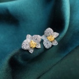 14k Gold 0.62 Ctw Natural Yellow Diamond & Diamond & Flowers Earrings