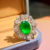 14k Gold 7.32 Ctw Vivid Green Natural Emerald & Diamond Ring
