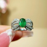 14k Gold 1.36 Ctw Vivid Green Natural Emerald & Diamond Ring