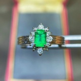 14k Gold 0.70 Ctw Vivid Green Natural Emerald & Diamond Ring