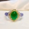 14k Gold 1.74 Ctw Vivid Green Natural Emerald & Diamond & Art Deco Ring