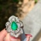14k Gold 2.19 Ctw Vivid Green Natural Emerald & Diamond & Flowers Ring