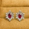 14k Gold 2.57 Ctw Vivid Red Natural Ruby & Diamond & Flowers Earrings