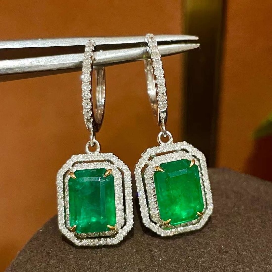 14k Gold 6.07 Ctw Vivid Green Natural Emerald & Diamond Earrings