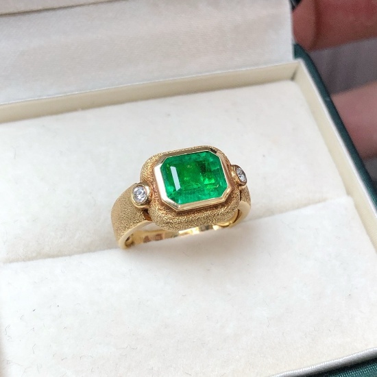 14k Gold 1.98 Ctw Natural Emerald & Diamond & Art Deco Ring