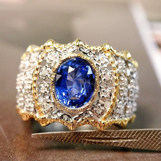 14k Gold 1.60 Ctw Natural Sapphire & Diamond & Art Deco Ring