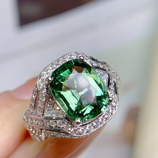 14k White Gold 4.79 Ctw Afghanistan Natural Tourmaline & Diamond & Cocktail Ring