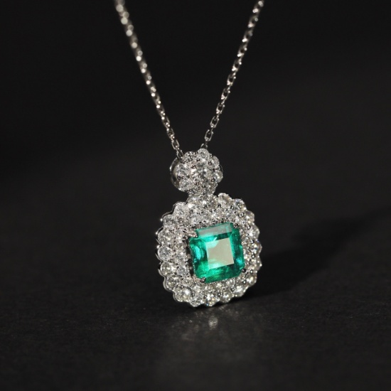 14k White Gold 1.45 Ctw Natural Emerald & Diamond Pendant